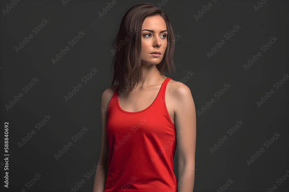 Generative AI. Blank Red Tank top Mock up on Female Model: Showcase Your Designs in Style Generative AI. Blank Red Tank top Mock up on Female Model: Showcase Your Designs in Style