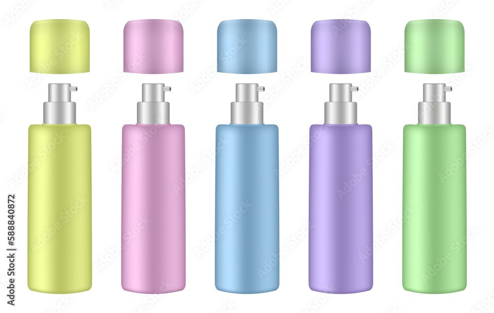 Set of cosmetic bottles with pump. Dispenser. Purple, yellow, green, blue and pink containers. Serum or facial cream. Set of cosmetic bottles with pump. Dispenser. Purple, yellow, green, blue and pink containers. Serum or facial cream.