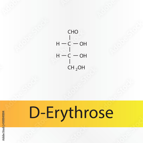 Straight chain form chemical structure of D-Erythrose sugar. Scientific vector illustration on white and orange background.
