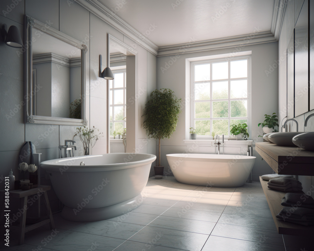 Stylish modern spacious bathroom with two bathtubs. Light fashionable clean restroom with window. Generative AI. Stylish modern spacious bathroom with two bathtubs. Light fashionable clean restroom with window. Generative AI.