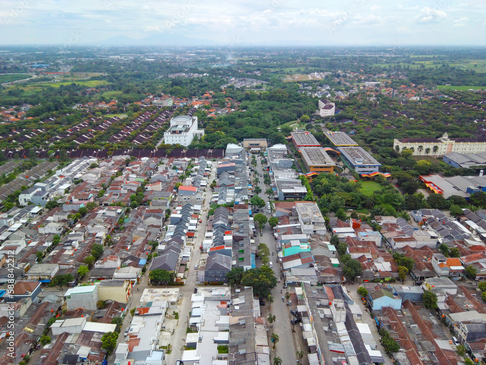 Aerial landscape of typical Indonesian homestay neighborhood in Talaga Bestari Tangerang for the lowwer middle class, single family homes real estate