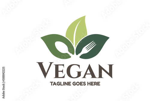 Green Leaf Leaves Bud with Spoon Fork for Diet or Healthy Food Logo Design