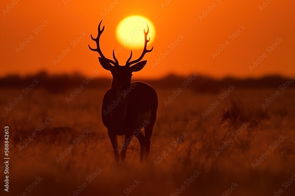 Obraz premium wild animal silhouette at sunset, generative ai