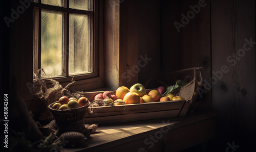 Wooden window-sill in the old house with some fruit on it. Crate with oranges, apples and plums. Generative AI.