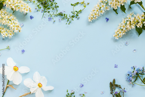 Spring flowers flat lay on blue background. Floral card template with space for text. Happy easter  Mothers day  Daffodils  forget me nots and wildflowers in frame layout