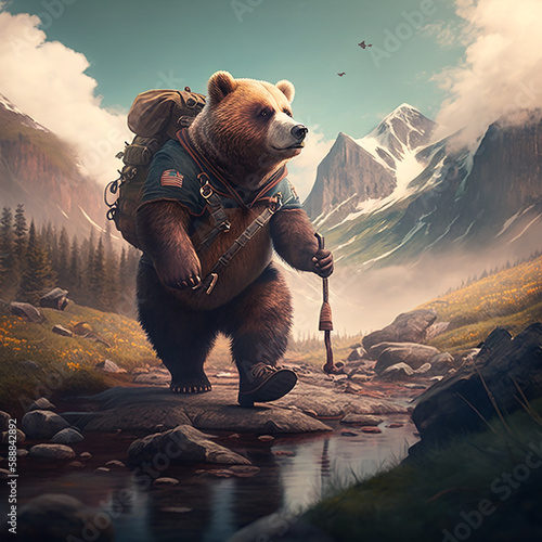 Bear going on an adventure. Created using ai generative.  photo