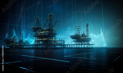 Digital oil and gas platforms on the dark surface of sea water. Neon linear images at backdrop. Generative AI.