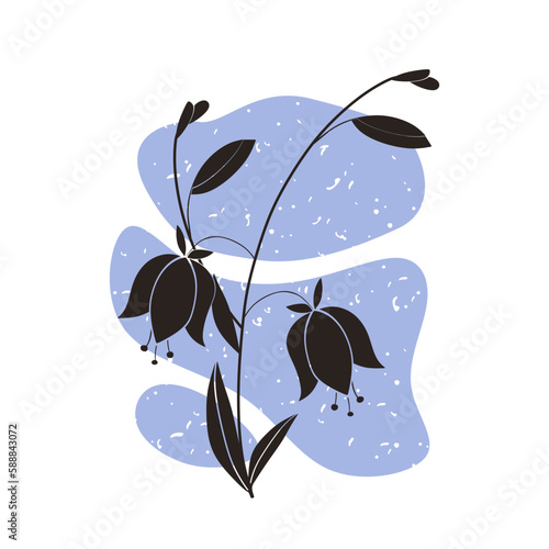 Black bellflower with Leaves. Modern elegant floral drawing, Square Poster or card. Hand drawn trendy Campanula for decoration or design. Vector illustration