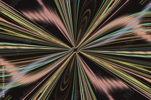 Fototapeta Naklejka Na Ścianę i Meble -  A multi-colored pattern of crooked rays from the center on a black background. Abstract fractal 3D rendering