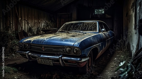 Lost place cellar with abandoned car. Generative AI © Mateusz