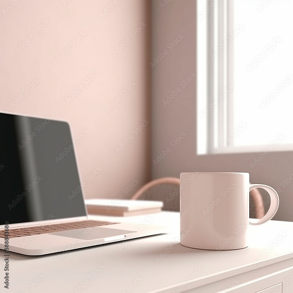 laptop and a blank white mug in a pastel room laptop and a blank white mug in a pastel room