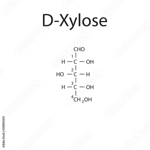 Straight chain form chemical structure of D-Xylose sugar. Scientific vector illustration on white background, with carbon numbering.