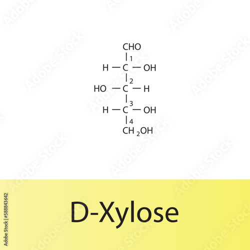 Straight chain form chemical structure of D-Xylose sugar. Scientific vector illustration on white and yellow background, carbon numbering. photo