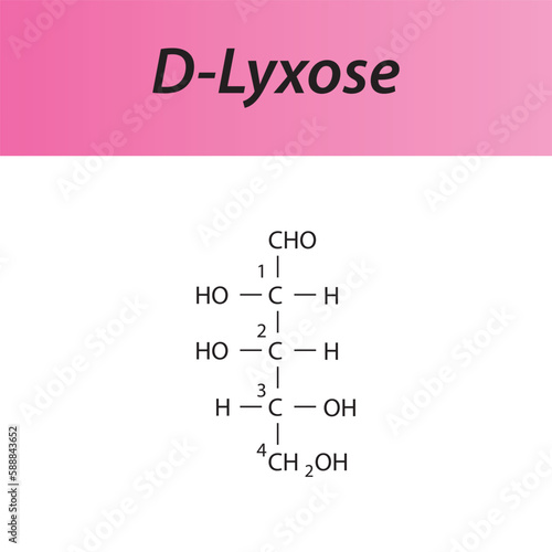 Straight chain form chemical structure of D-Lyxose sugar. Scientific vector illustration on white and pink background, carbon numbering.