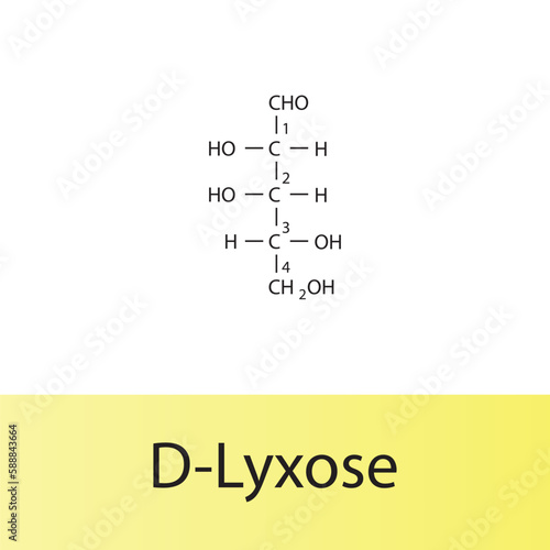 Straight chain form chemical structure of D-Lyxose sugar. Scientific vector illustration on white and yellow background, carbon numbering.