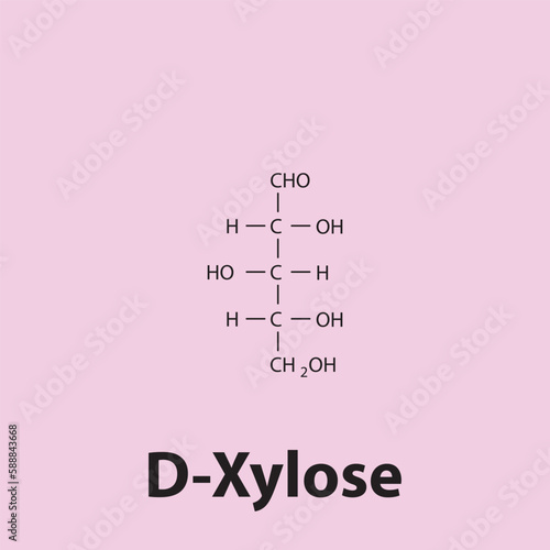 Straight chain form chemical structure of D-Xylose sugar. Scientific vector illustration on pink background.