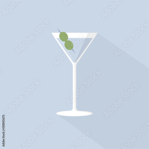 Dry martini with olives on a blue background, simplified vector illustration in flat and vintage style