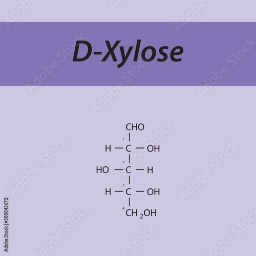 Straight chain form chemical structure of D-Xylose sugar. Scientific vector illustration on purple background, carbon numbering.