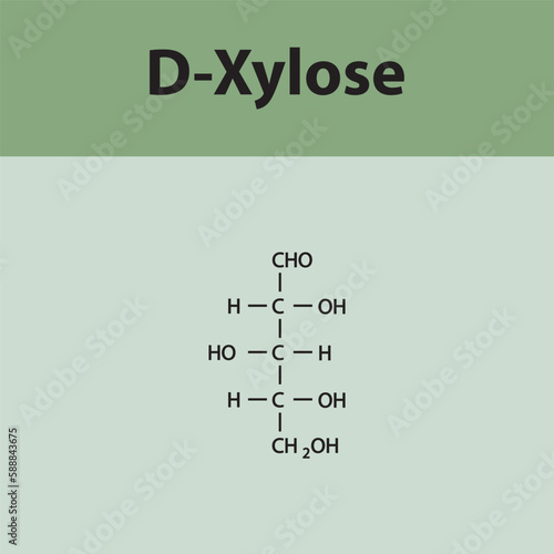 Straight chain form chemical structure of D-Xylose sugar. Scientific vector illustration on green background.