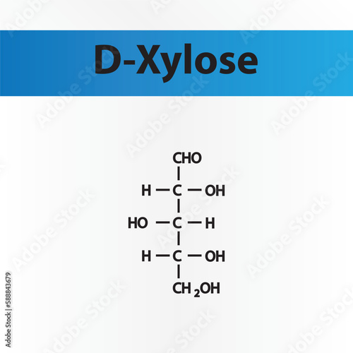 Straight chain form chemical structure of D-Xylose sugar. Scientific vector illustration on white and blue background.