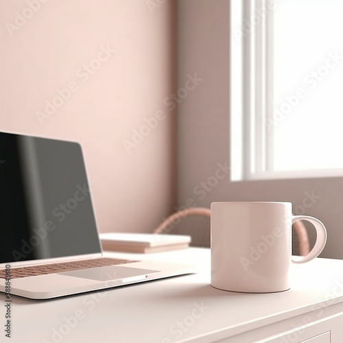 laptop and a blank white mug in a pastel room 