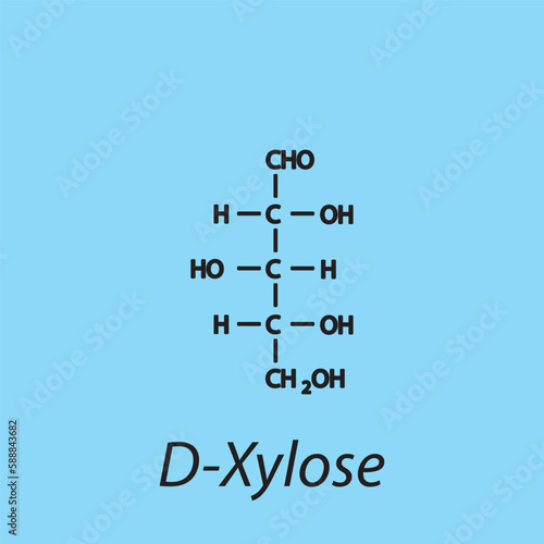Straight chain form chemical structure of D-Xylose sugar. Scientific vector illustration on blue background.