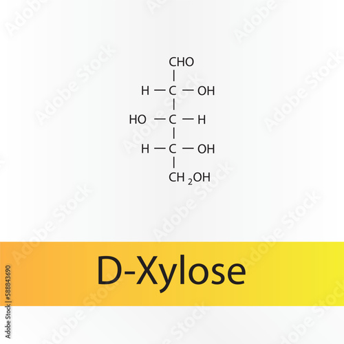 Straight chain form chemical structure of D-Xylose sugar. Scientific vector illustration on white and orange background.