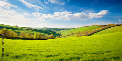 Spring landscape with green field and sky, generative ai © GHart