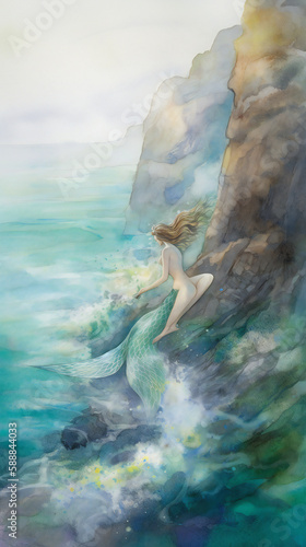 beautiful siren on rock, entrancing sailors with her song, deep blue sea, generative AI
 photo