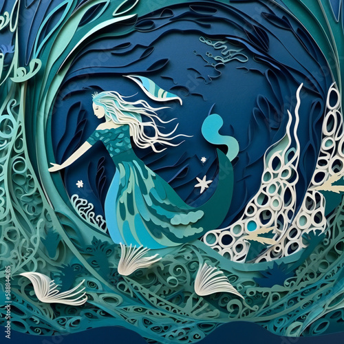 Fotografia mythical siren singing on rocky shore, alluring sailors, blue ocean backdrop, ge