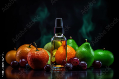 Bottle with Liquid Illustration. Vaping. Vape Liquid with Taste. Multiple Fruits. Citrus and Berries. Creative Colorful Background. Created by Generative AI