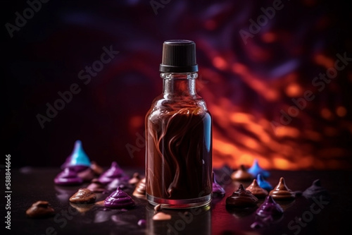 Bottle with Liquid Illustration. Vaping. Vape Liquid with Taste. Chocolate. Creative Colorful Background. Created by Generative AI