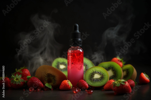 Bottle with Liquid Illustration. Vaping. Vape Liquid with Taste. Blueberry Fruits. Creative Colorful Background. Created by Generative AI