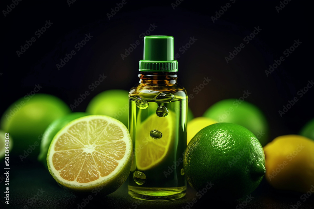 Bottle with Liquid Illustration. Vaping. Vape Liquid with Taste. Citrus Fruits. Oranges, Lime, Lemon. Creative Colorful Background. Created by Generative AI Bottle with Liquid Illustration. Vaping. Vape Liquid with Taste. Citrus Fruits. Oranges, Lime, Lemon. Creative Colorful Background. Created by Generative AI