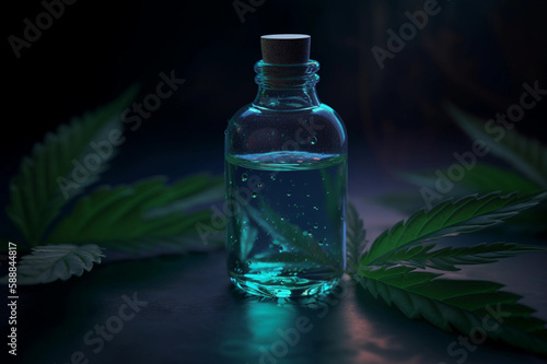 Bottle with Liquid Illustration. Vaping. Vape Liquid with Taste. Hemp. Marihuana. CBD. Creative Colorful Background. Created by Generative AI
