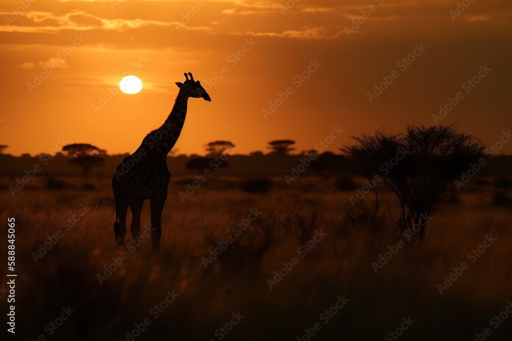 Naklejka premium wild animal silhouette at sunset, generative ai