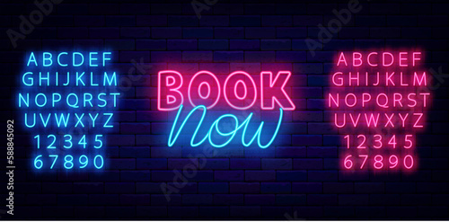 Book now neon label. Online hotel booking. Minimal lettering. Luminous turquoise and pink alphabet. Vector illustration