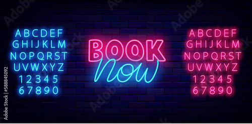 Book now neon label. Online hotel booking. Minimal lettering. Luminous turquoise and pink alphabet. Vector illustration
