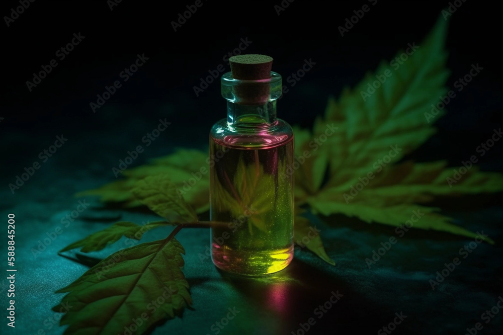 Bottle with Liquid Illustration. Vaping. Vape Liquid with Taste. Hemp. Marihuana. CBD. Creative Colorful Background. Created by Generative AI Bottle with Liquid Illustration. Vaping. Vape Liquid with Taste. Hemp. Marihuana. CBD. Creative Colorful Background. Created by Generative AI