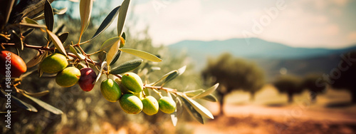 Delicious olives in a picturesque olive grove branch with olive fruits on the tree. Generative AI,