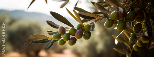 Delicious olives in a picturesque olive grove branch with olive fruits on the tree. Generative AI,