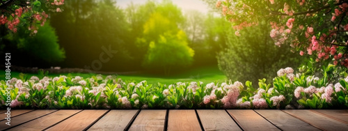 Beautiful spring background, wooden table in a green garden. Generative Ai, © yanadjan