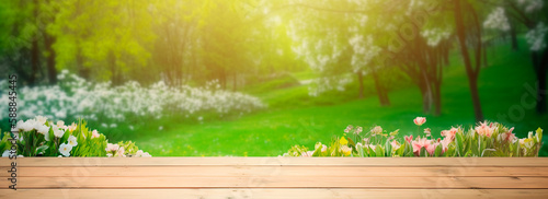 Beautiful spring background, wooden table in a green garden. Generative Ai,