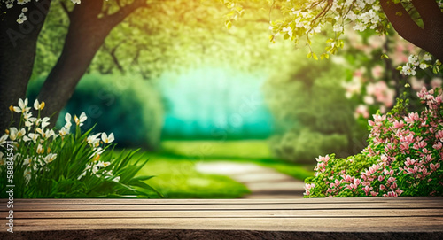 Beautiful spring background, wooden table in a green garden. Generative Ai,