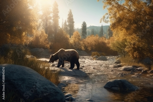 Grizzly Bear in a dry National park because of the Climate change. Created by Generative AI