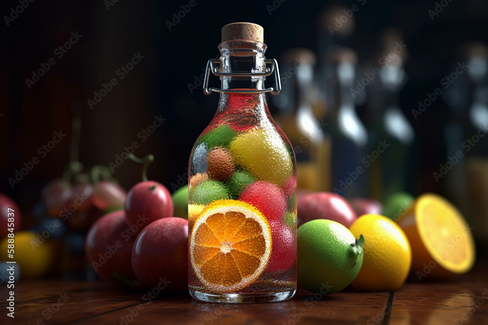 Bottle Illustration with liquid of Fruits. Tasty juice. Colorful Background. Created by generative AI Bottle Illustration with liquid of Fruits. Tasty juice. Colorful Background. Created by generative AI