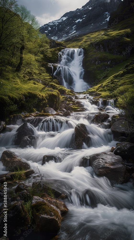 Imaginary waterfall in Scandinavia, AI generative image Imaginary waterfall in Scandinavia, AI generative image