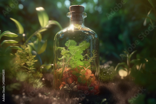 Bottle Illustration Background with Herbal Essences. Healthy Liquid. Created by Generative AI