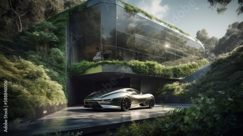 The Ultimate Futuristic Home: A Living, Air-Purifying Facade with a Vertical Garden and Biofuel-Powered Supercar on Display, Generative AI © Georgy