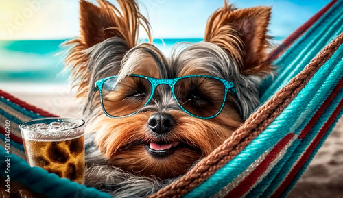 The dog on the beach lies in a hammock with a cocktail smiles happy in sunglasses. Generative AI, © yanadjan